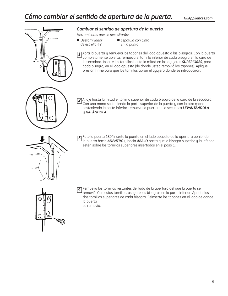 Cómo cambiar el sentido de apertura de la puerta | GE 49-90405 User Manual | Page 25 / 32