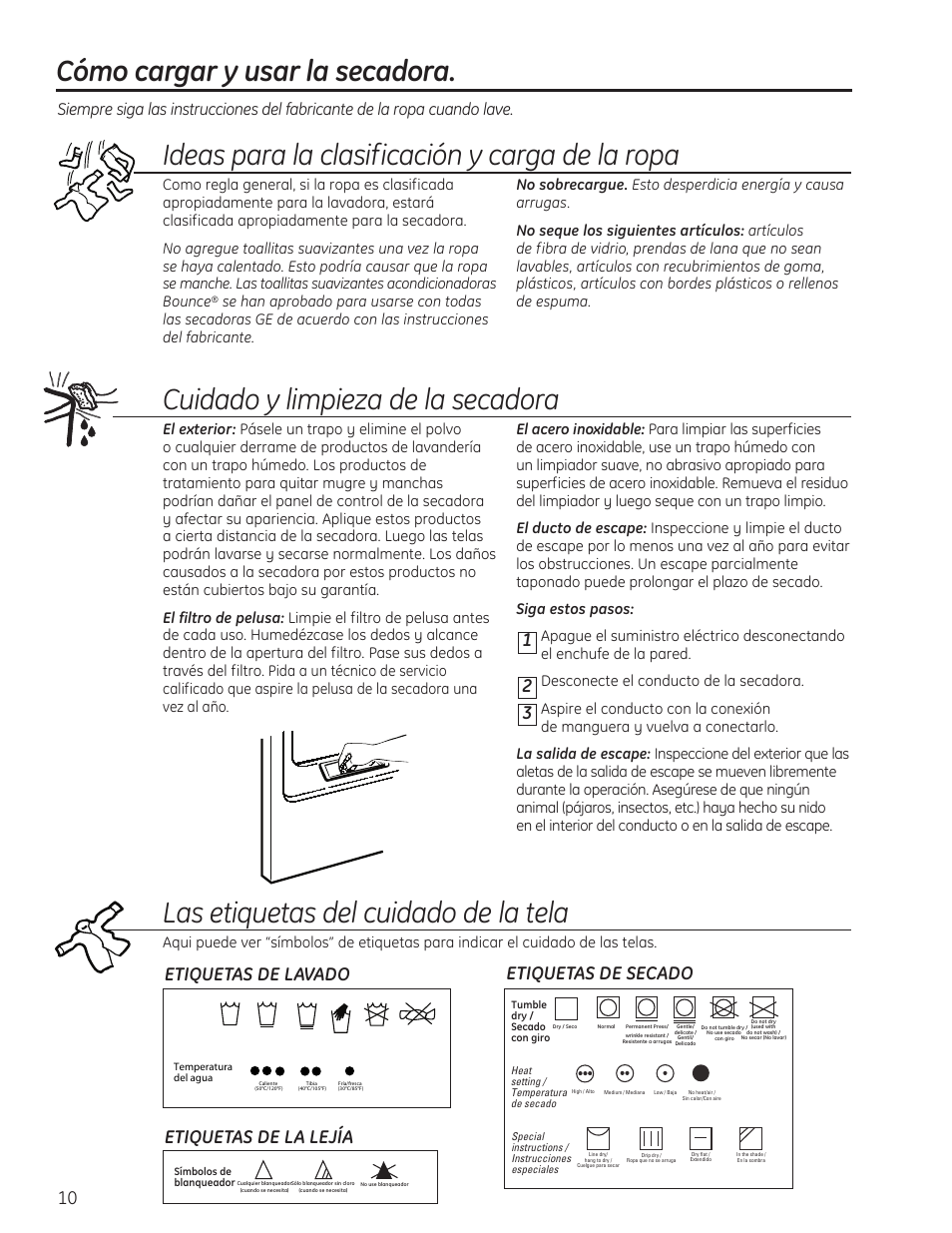 Cómo cargar y usar la secadora .10, Cómo cargar y usar la secadora, Ideas para la clasificación y carga de la ropa | Cuidado y limpieza de la secadora, Las etiquetas del cuidado de la tela | GE 49-90405 User Manual | Page 26 / 32