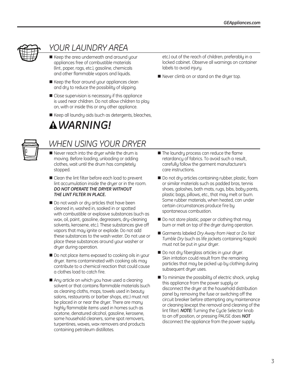 Warning, Your laundry area, When using your dryer | GE 49-90405 User Manual | Page 3 / 32