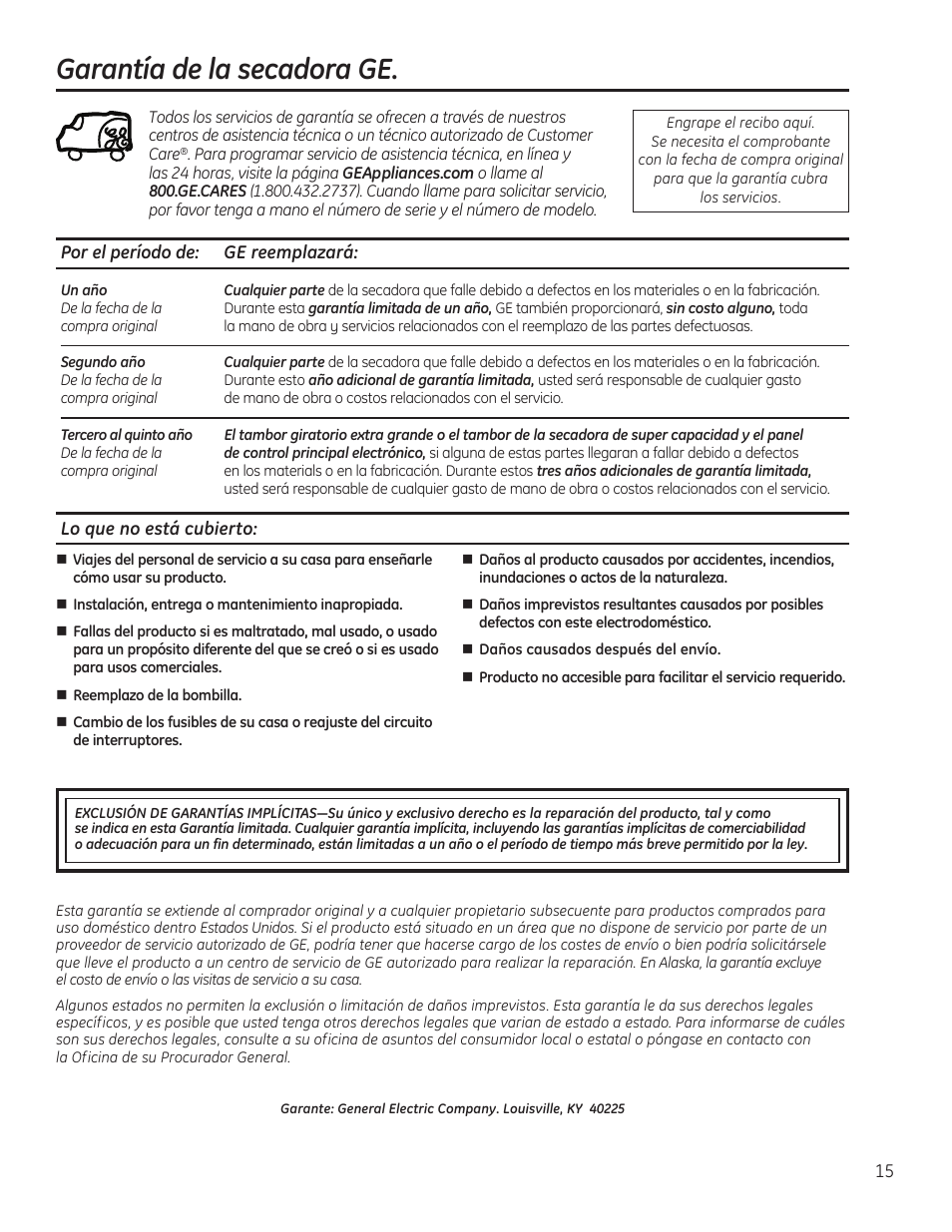 Garantía, Garantía de la secadora ge | GE 49-90405 User Manual | Page 31 / 32