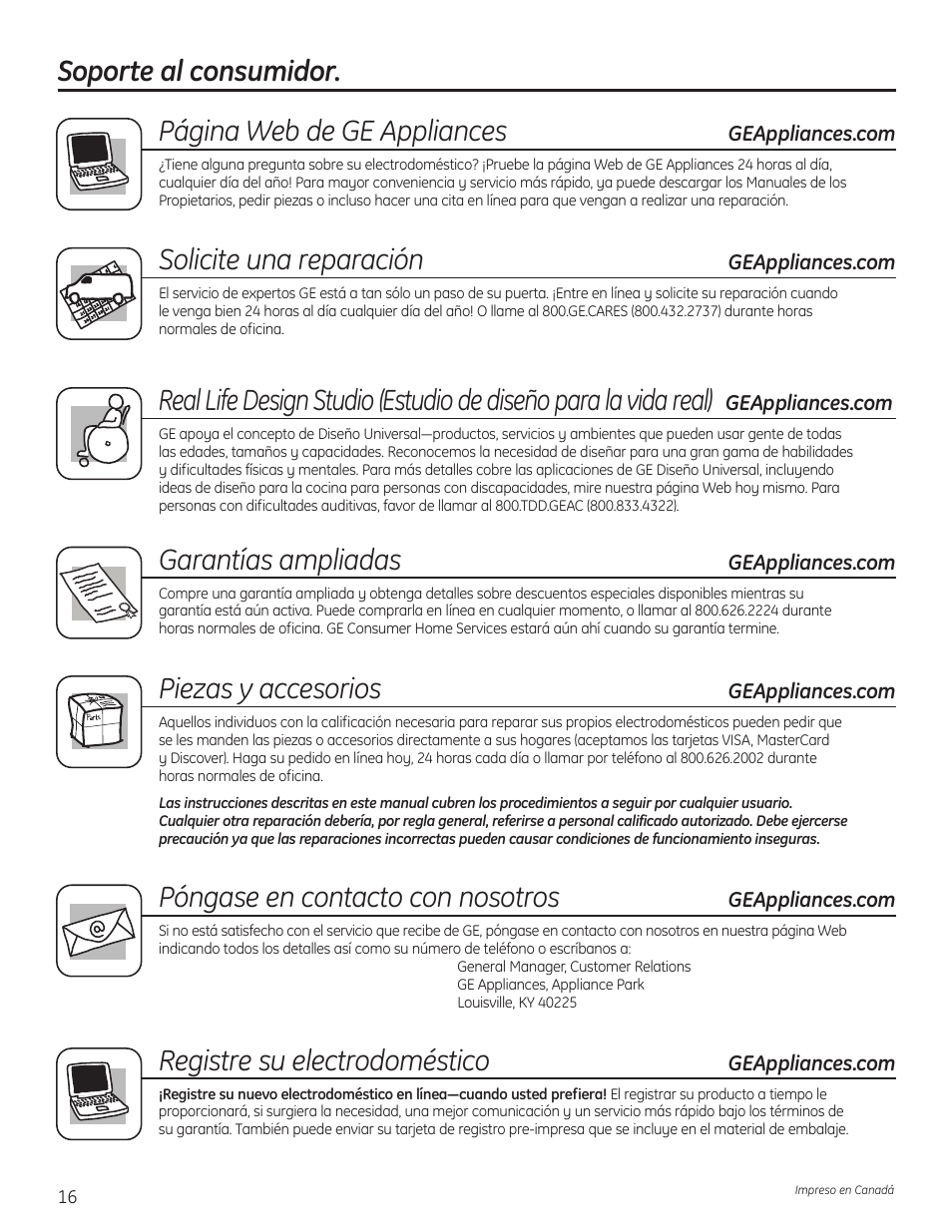 Soporte al consumidor, Soporte al consumidor. página web de ge appliances, Solicite una reparación | Garantías ampliadas, Piezas y accesorios, Póngase en contacto con nosotros, Registre su electrodoméstico | GE 49-90405 User Manual | Page 32 / 32