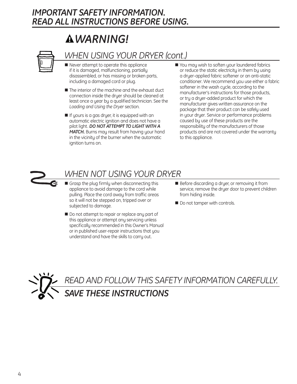 Warning, When using your dryer (cont.) | GE 49-90405 User Manual | Page 4 / 32