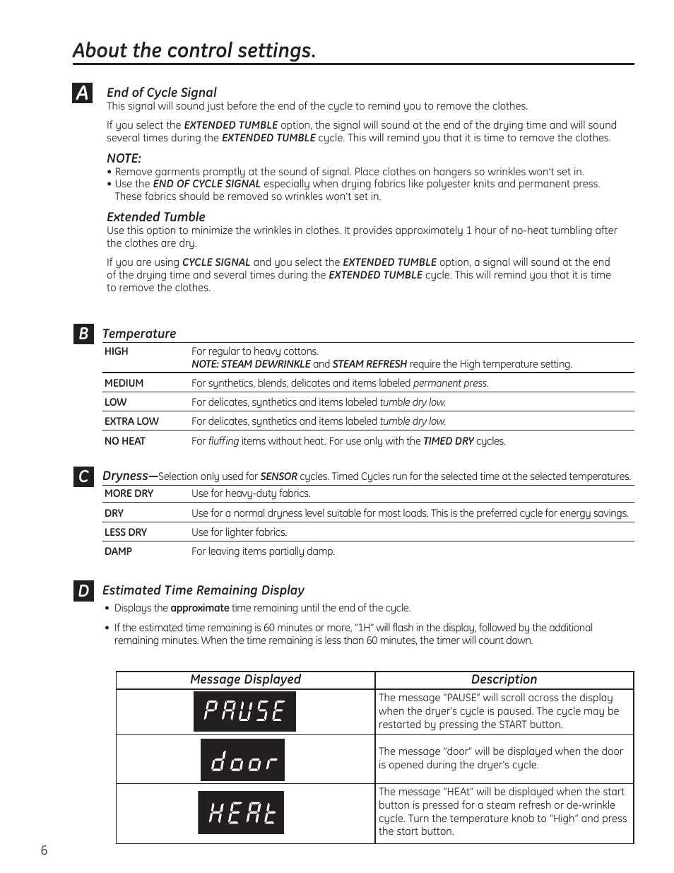 About the control settings | GE 49-90405 User Manual | Page 6 / 32