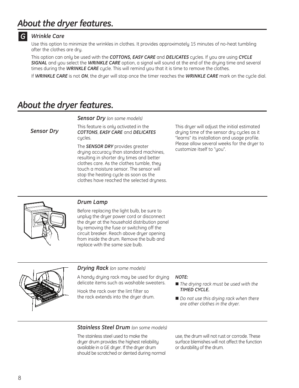 Dryer features, About the dryer features | GE 49-90405 User Manual | Page 8 / 32