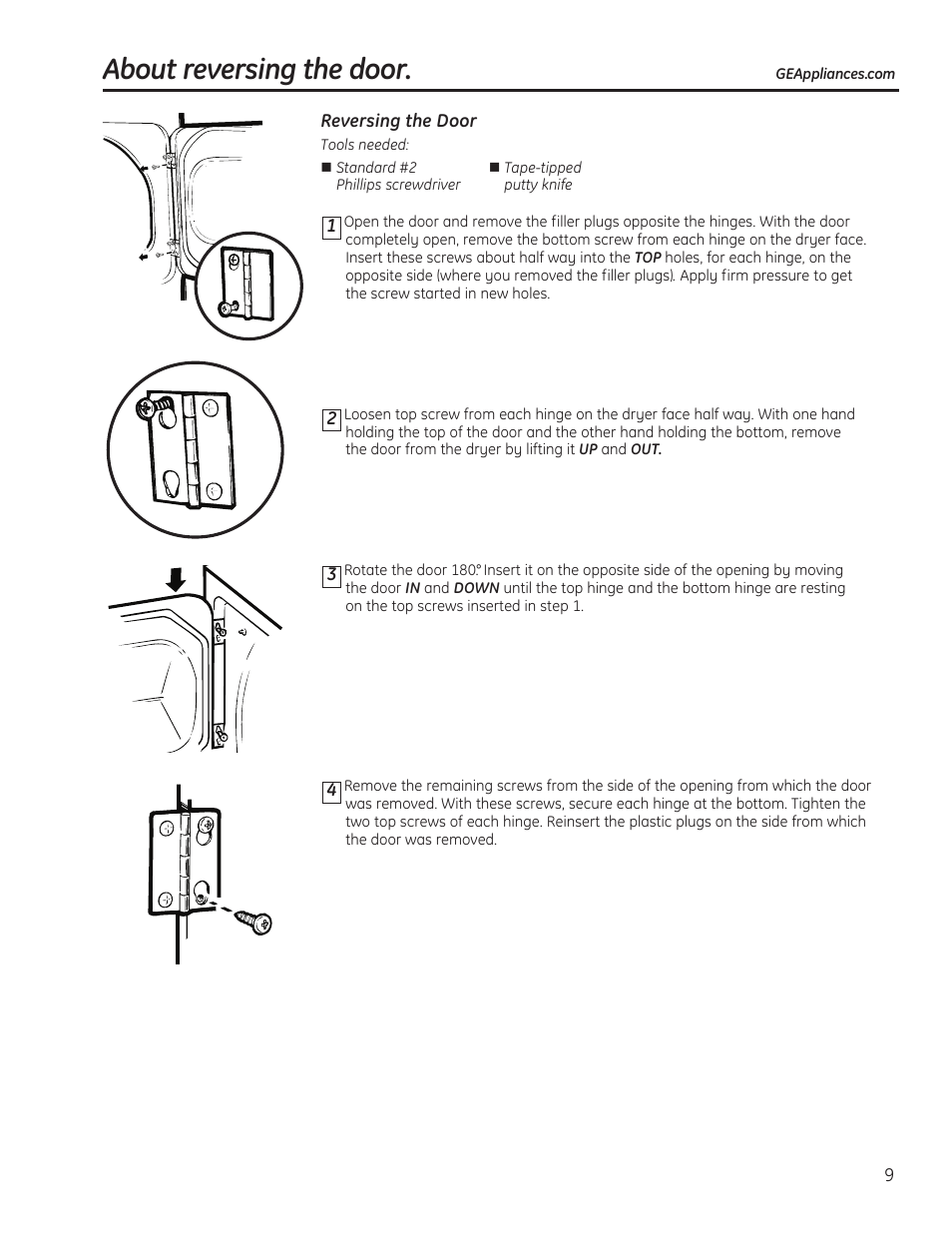 Reversing the door, About reversing the door | GE 49-90405 User Manual | Page 9 / 32