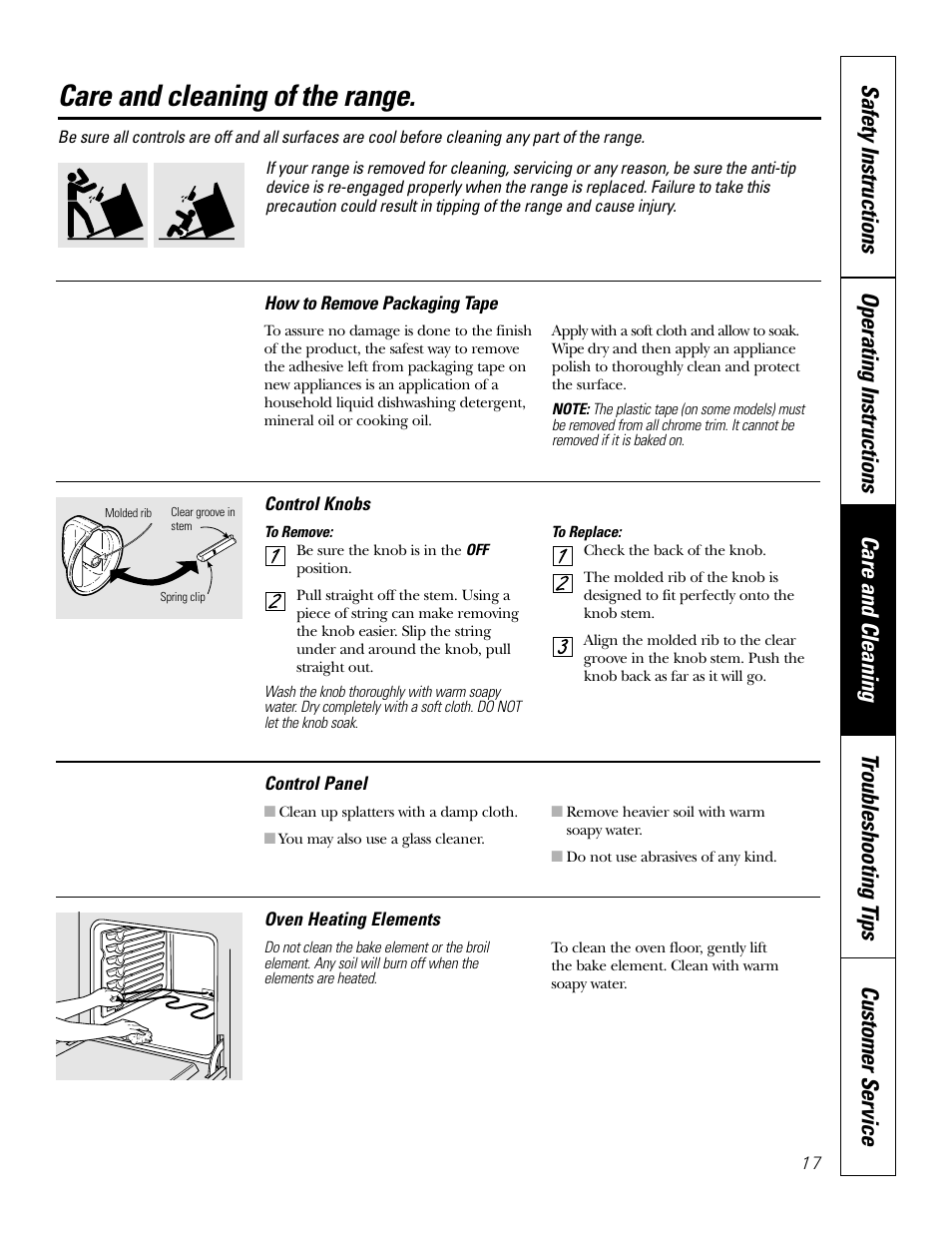 Control knobs, Care and cleaning of the range | GE 49-80038 User Manual | Page 17 / 28