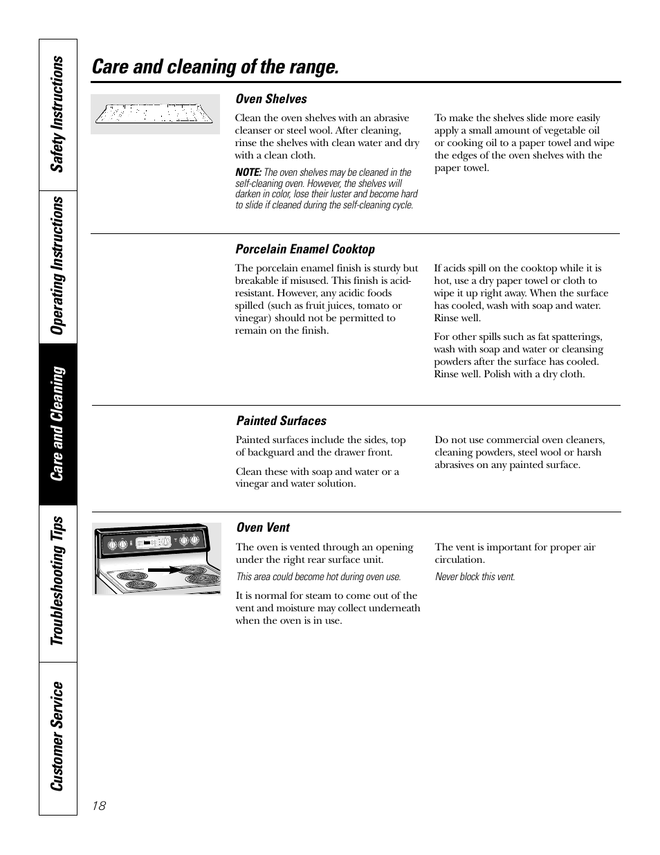 Shelves, Care and cleaning of the range | GE 49-80038 User Manual | Page 18 / 28