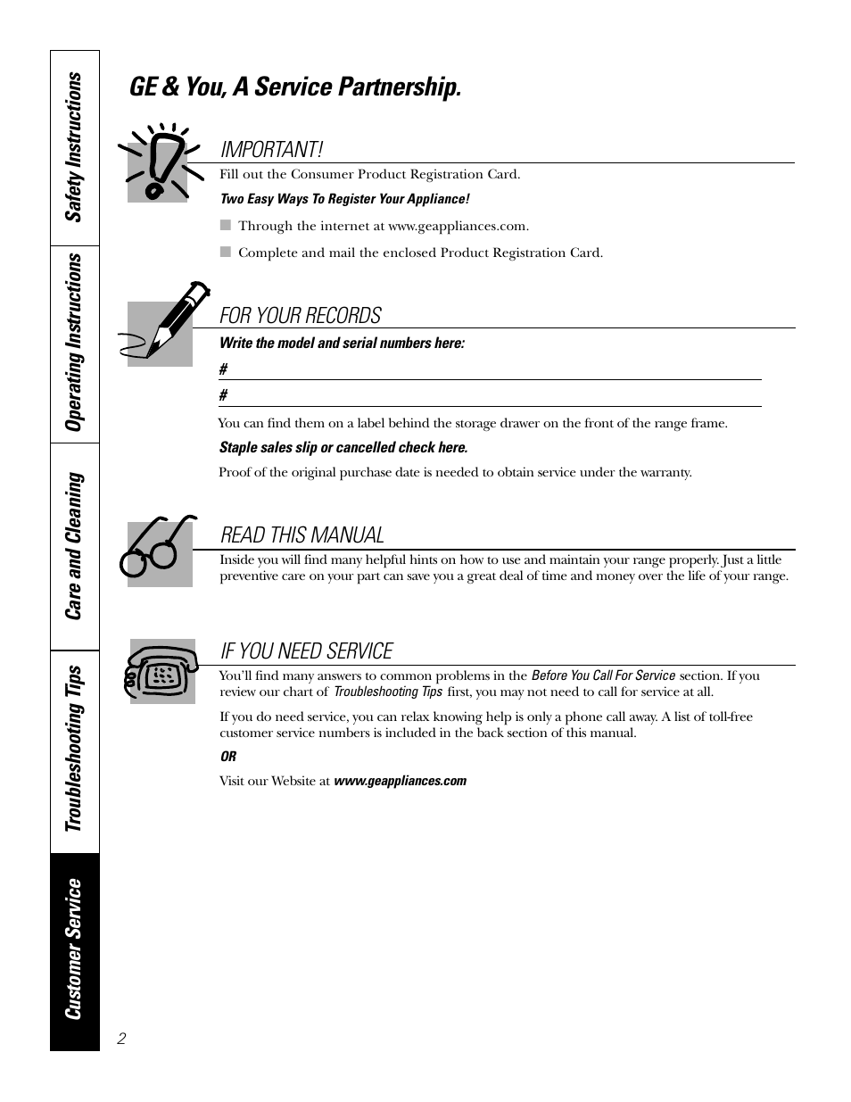 Product registration, Product registration , 25, 26, Ge & you, a service partnership | Read this manual, For your records, If you need service, Important | GE 49-80038 User Manual | Page 2 / 28