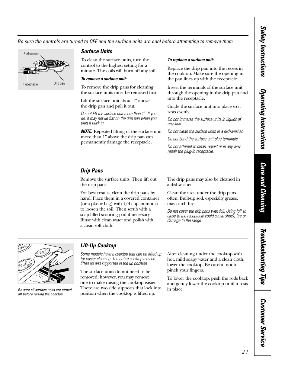 Lift-up cooktop, Surface units | GE 49-80038 User Manual | Page 21 / 28