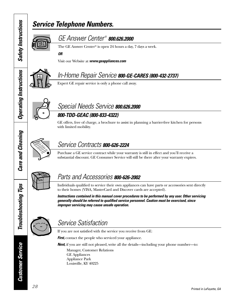 Service telephone numbers, Service telephone numbers. ge answer center, In-home repair service | Special needs service, Service contracts, Parts and accessories, Service satisfaction | GE 49-80038 User Manual | Page 28 / 28