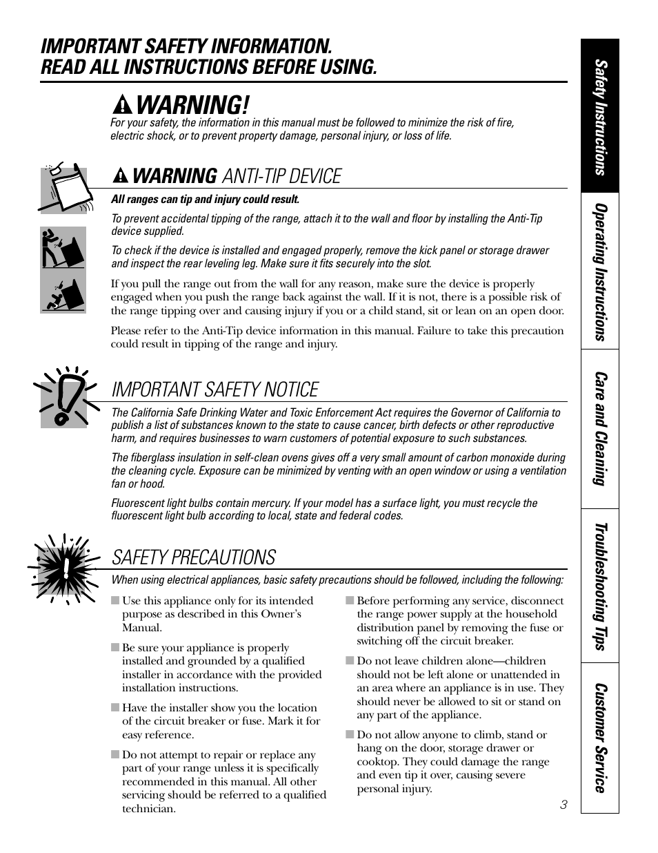 Anti-tip device, Safety precautions, Safety precautions , 4 | Warning, Anti-tip device important safety notice | GE 49-80038 User Manual | Page 3 / 28