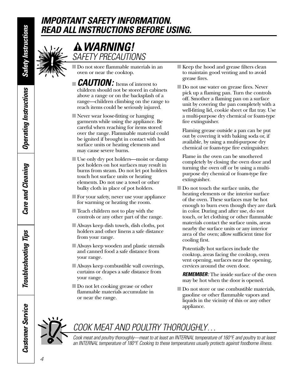 Warning, Caution, Safety precautions | Cook meat and poultry thoroughly | GE 49-80038 User Manual | Page 4 / 28