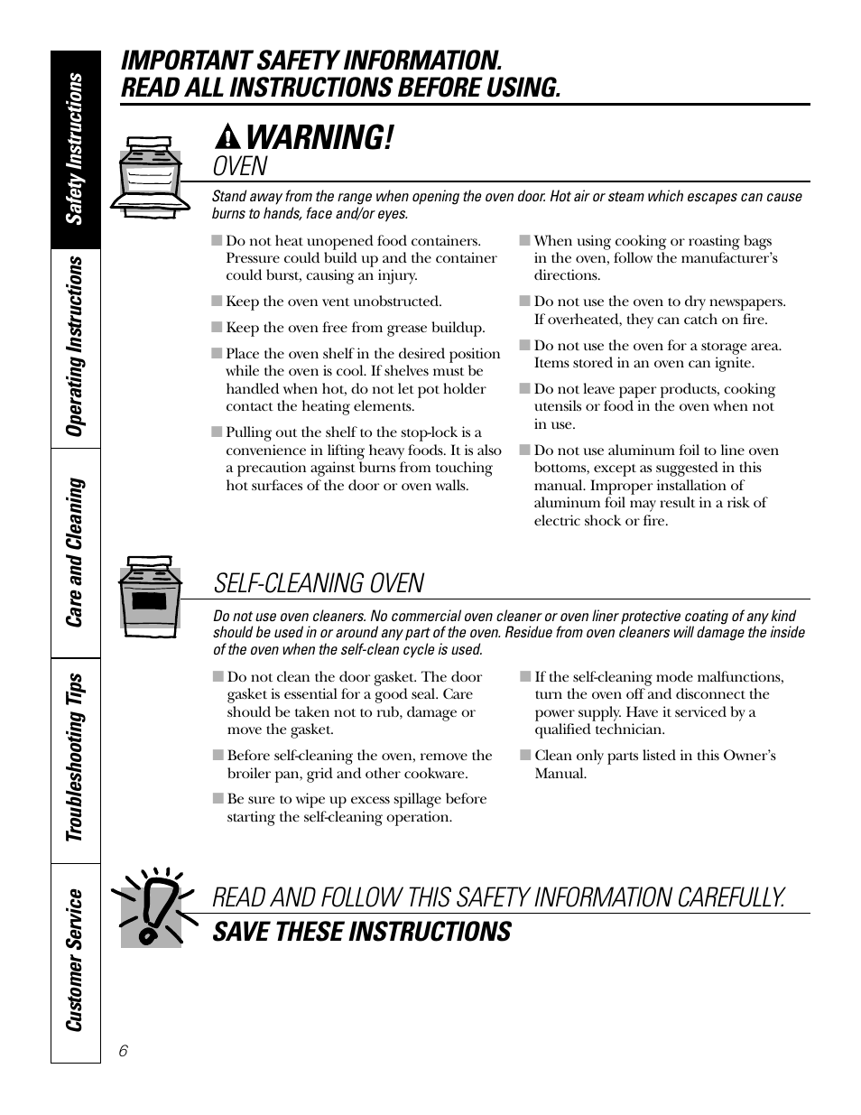 Oven, Warning, Self-cleaning oven | GE 49-80038 User Manual | Page 6 / 28