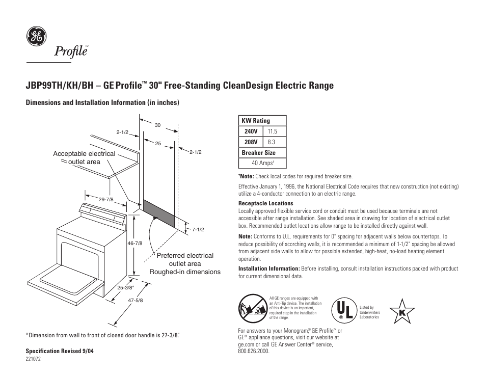 GE Profile JBP99THWW User Manual | 2 pages