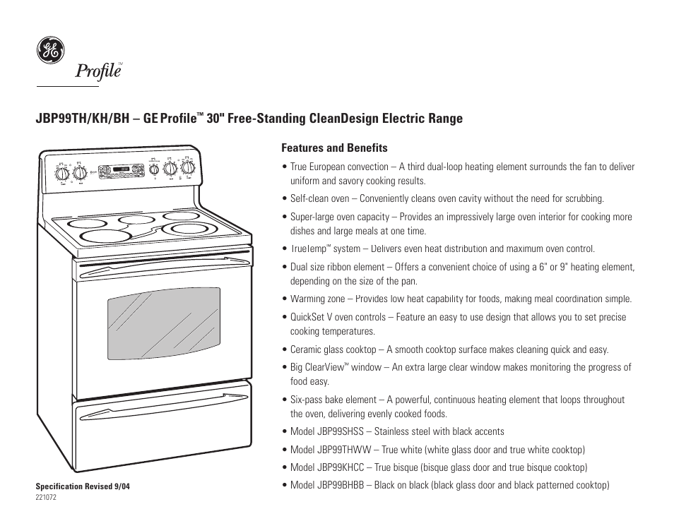 Jbp99th/kh/bh, Jbp99th/kh/bh – ge profile, 30" free-standing cleandesign electric range | GE Profile JBP99THWW User Manual | Page 2 / 2