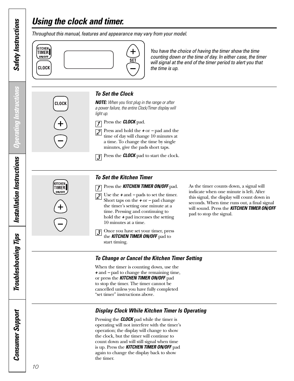 Clock and timer, Oven, Oven –15 | Using the clock and timer, Operating instructions | GE 183D5580P236 User Manual | Page 10 / 48