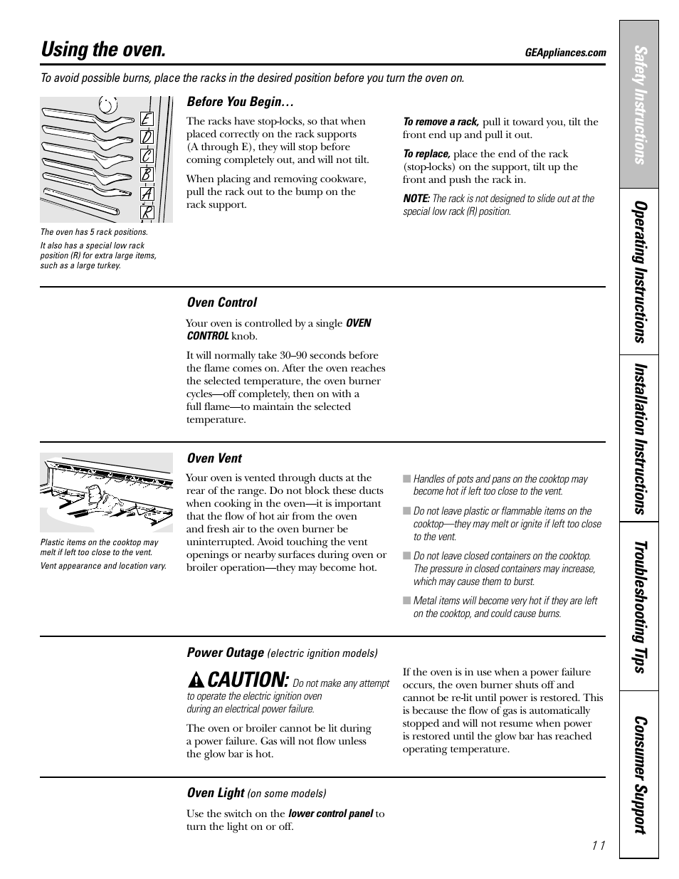 Oven control, Power outage, Oven control power outage | Using the oven, Caution | GE 183D5580P236 User Manual | Page 11 / 48