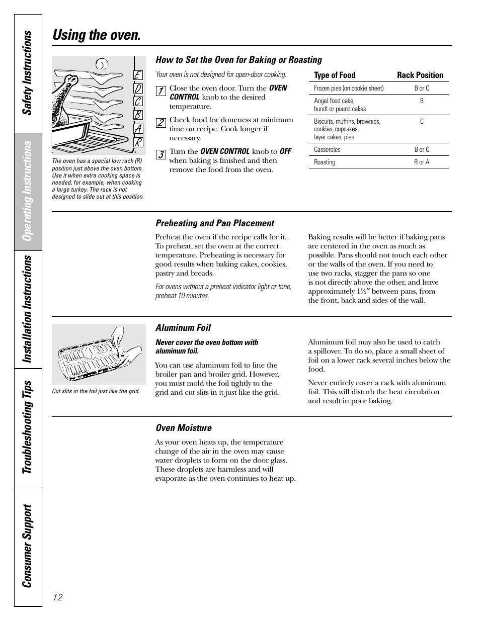 Aluminum foil, Baking and roasting, Preheating | Aluminum foil , 13, Using the oven | GE 183D5580P236 User Manual | Page 12 / 48