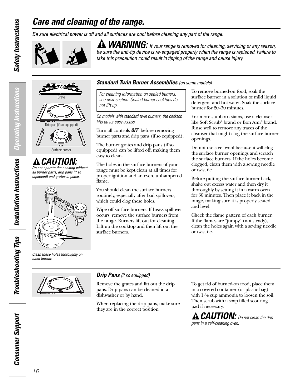Burner assemblies, Drip pans, Burner assemblies –18 | Warning, Care and cleaning of the range, Caution | GE 183D5580P236 User Manual | Page 16 / 48