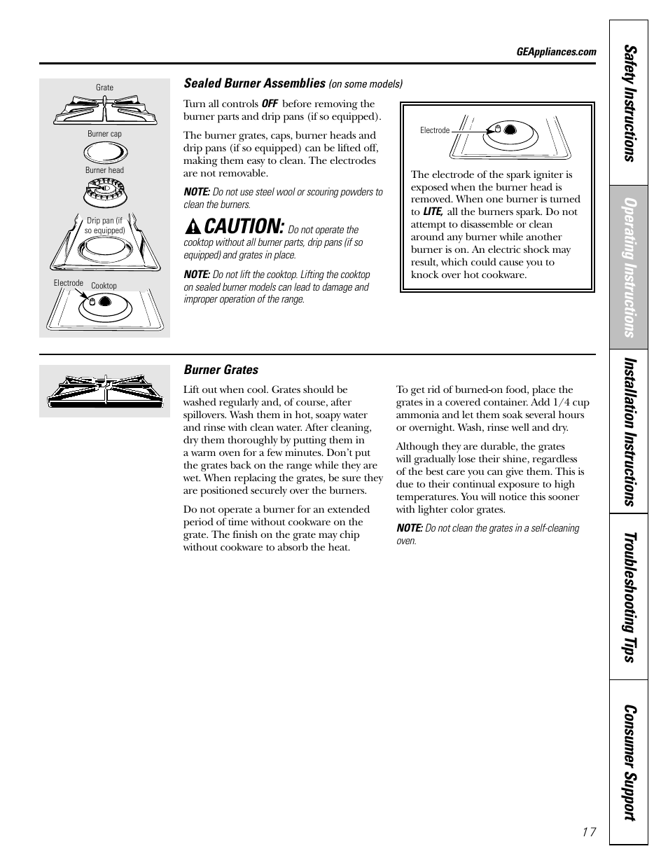 Burner grates, Caution | GE 183D5580P236 User Manual | Page 17 / 48