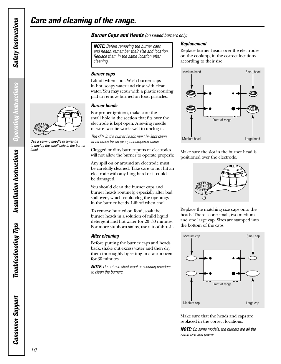 Burner caps and heads, Care and cleaning of the range | GE 183D5580P236 User Manual | Page 18 / 48