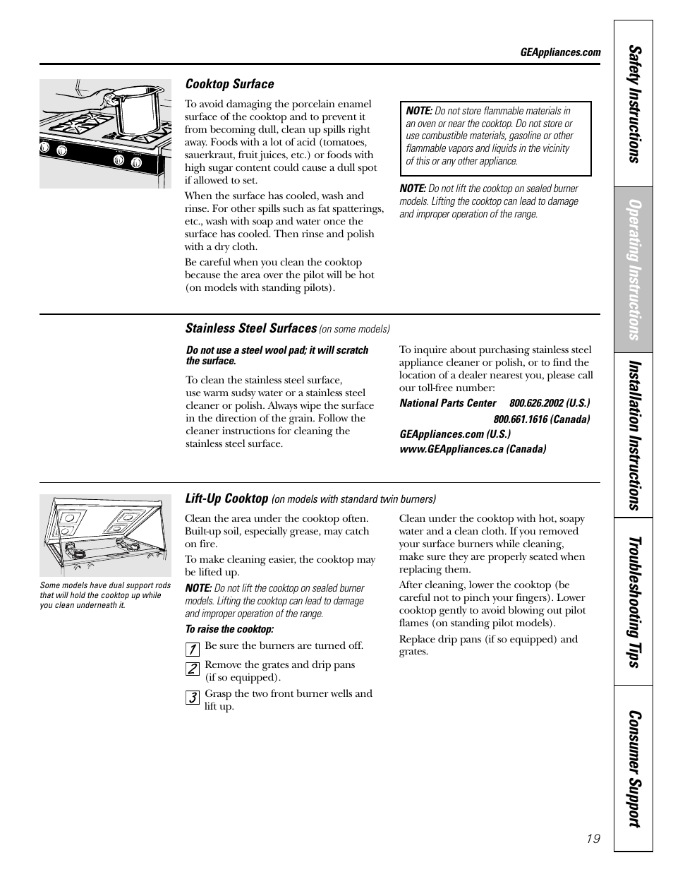 Cooktop surface, Lift-up cooktop, Stainless steel surfaces | GE 183D5580P236 User Manual | Page 19 / 48