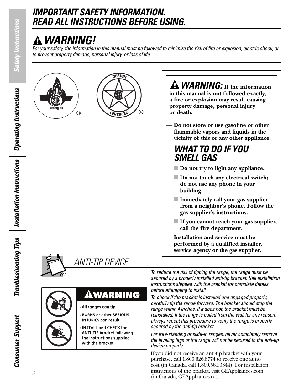 Safety instructions, What to do if you smell gas, Warning | Anti-tip device | GE 183D5580P236 User Manual | Page 2 / 48