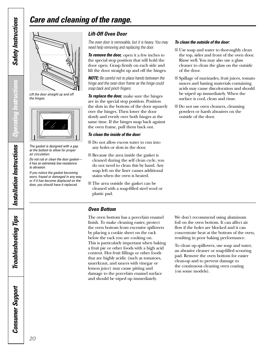 Lift-off oven door, Oven bottom, Care and cleaning of the range | GE 183D5580P236 User Manual | Page 20 / 48
