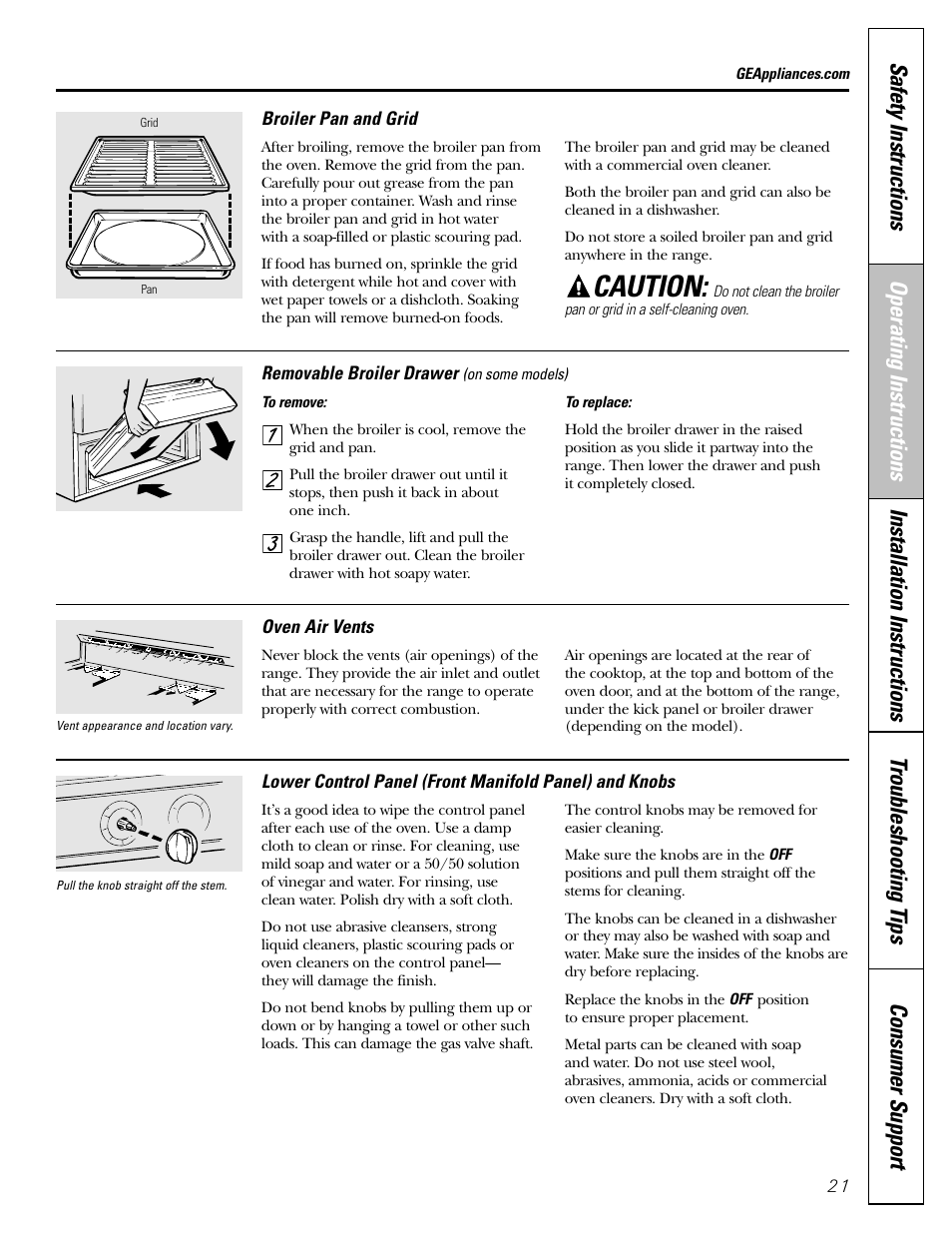 Air vents, Broiler pan and grid, Control panel and knobs | Removable broiler drawer, Air vents broiler pan and grid, Caution | GE 183D5580P236 User Manual | Page 21 / 48