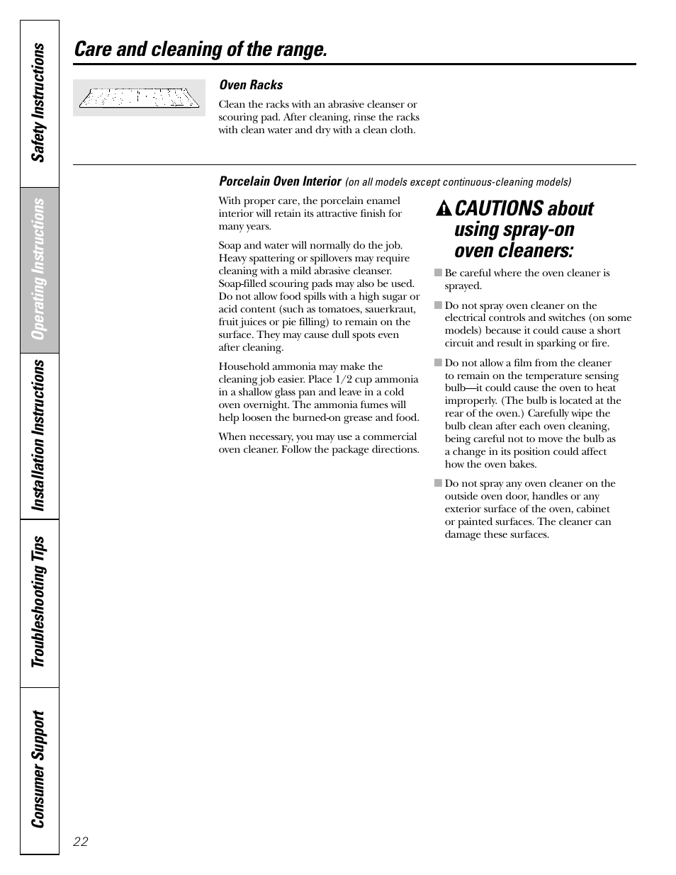 Oven interior, Racks, Oven interior , 23 | Cautions about using spray-on oven cleaners, Care and cleaning of the range | GE 183D5580P236 User Manual | Page 22 / 48
