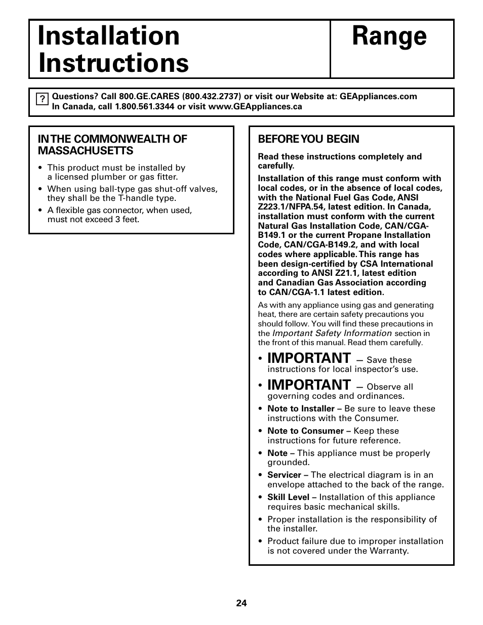 Installation instructions, Installation range instructions, Important | GE 183D5580P236 User Manual | Page 24 / 48