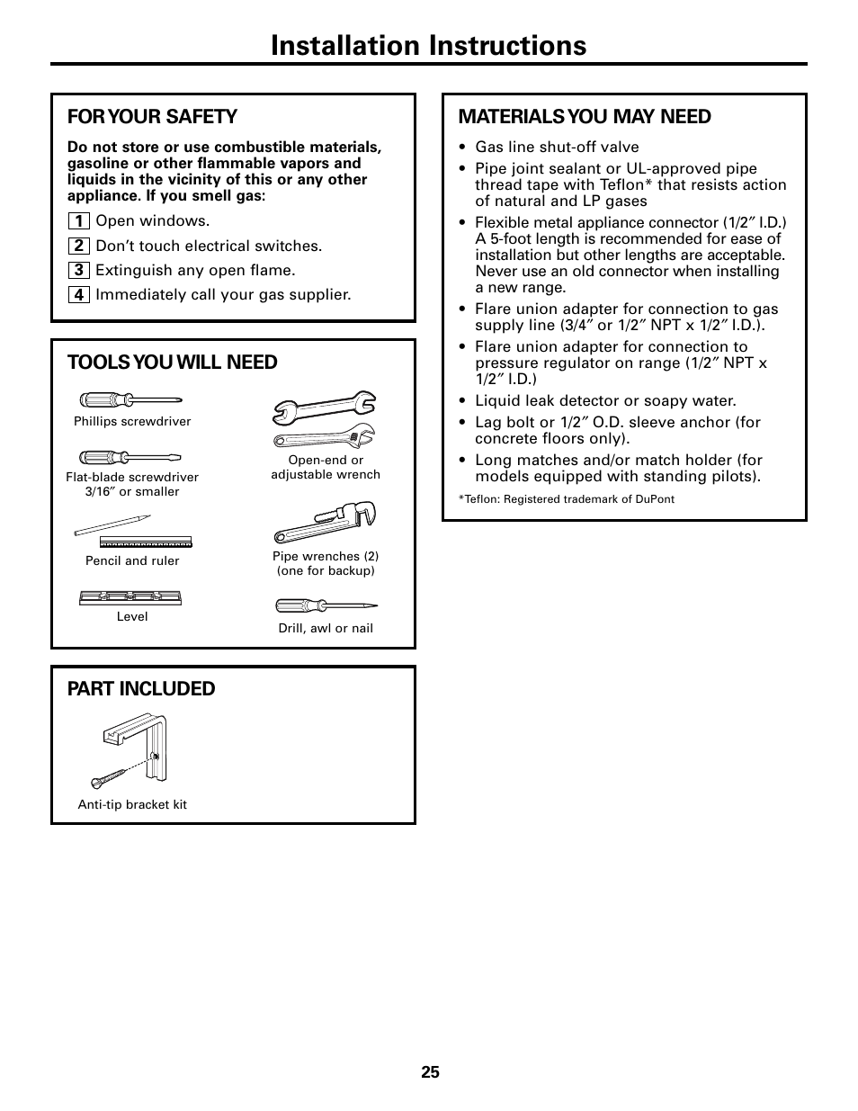Installation instructions, For your safety, Materials you may need | Tools you will need, Part included | GE 183D5580P236 User Manual | Page 25 / 48