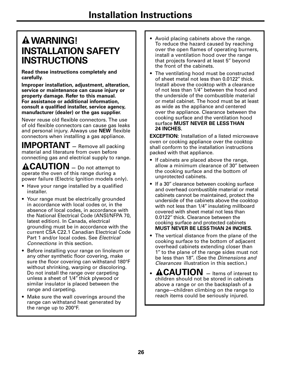 Installation instructions, Warning! installation safety instructions, Caution | Important | GE 183D5580P236 User Manual | Page 26 / 48