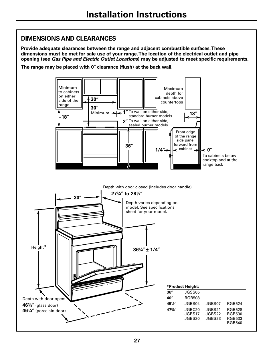 Dimensions and clearances, Installation instructions | GE 183D5580P236 User Manual | Page 27 / 48