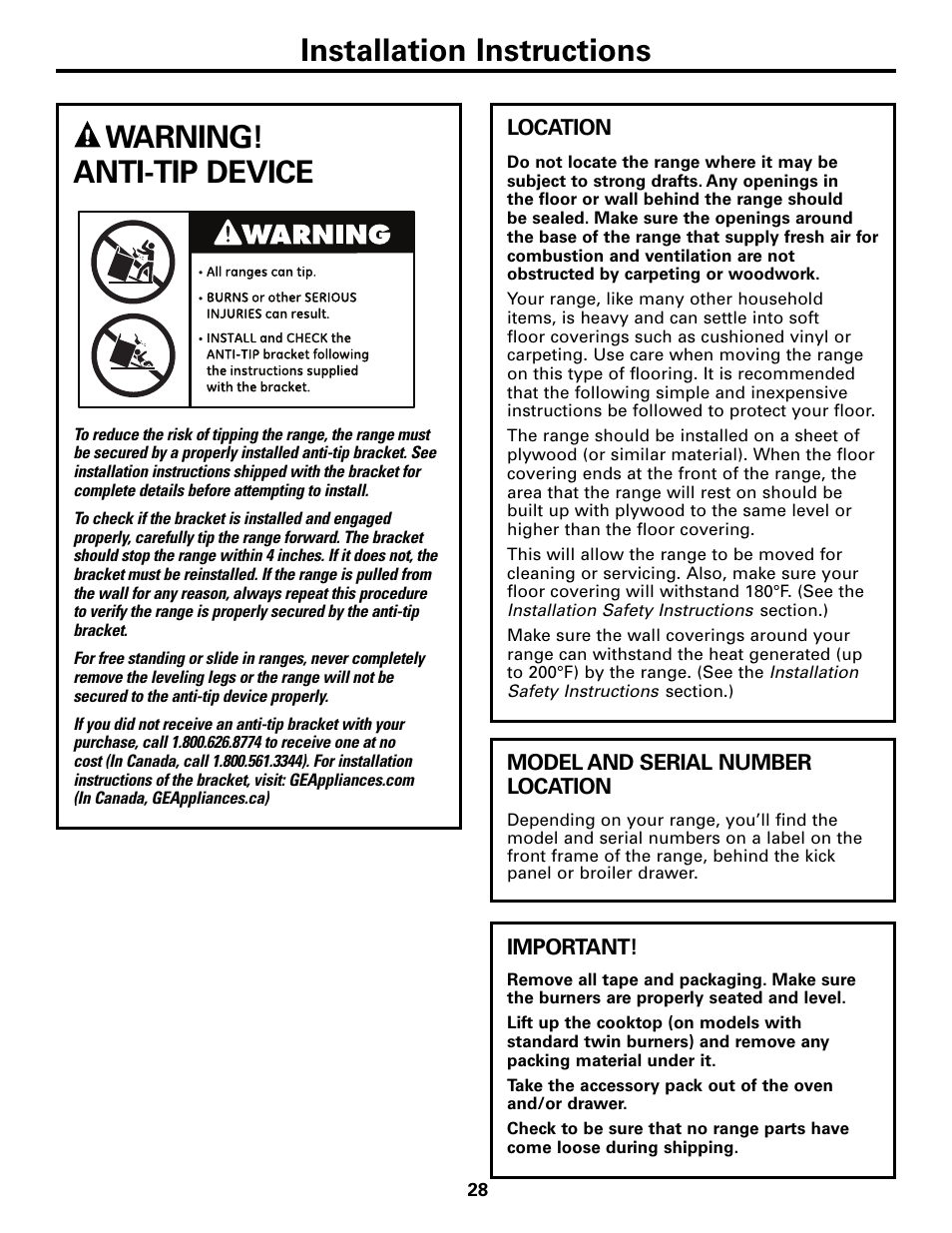 Anti-tip device, Anti-tip device , 38, 39, Installation instructions | Warning! anti-tip device | GE 183D5580P236 User Manual | Page 28 / 48