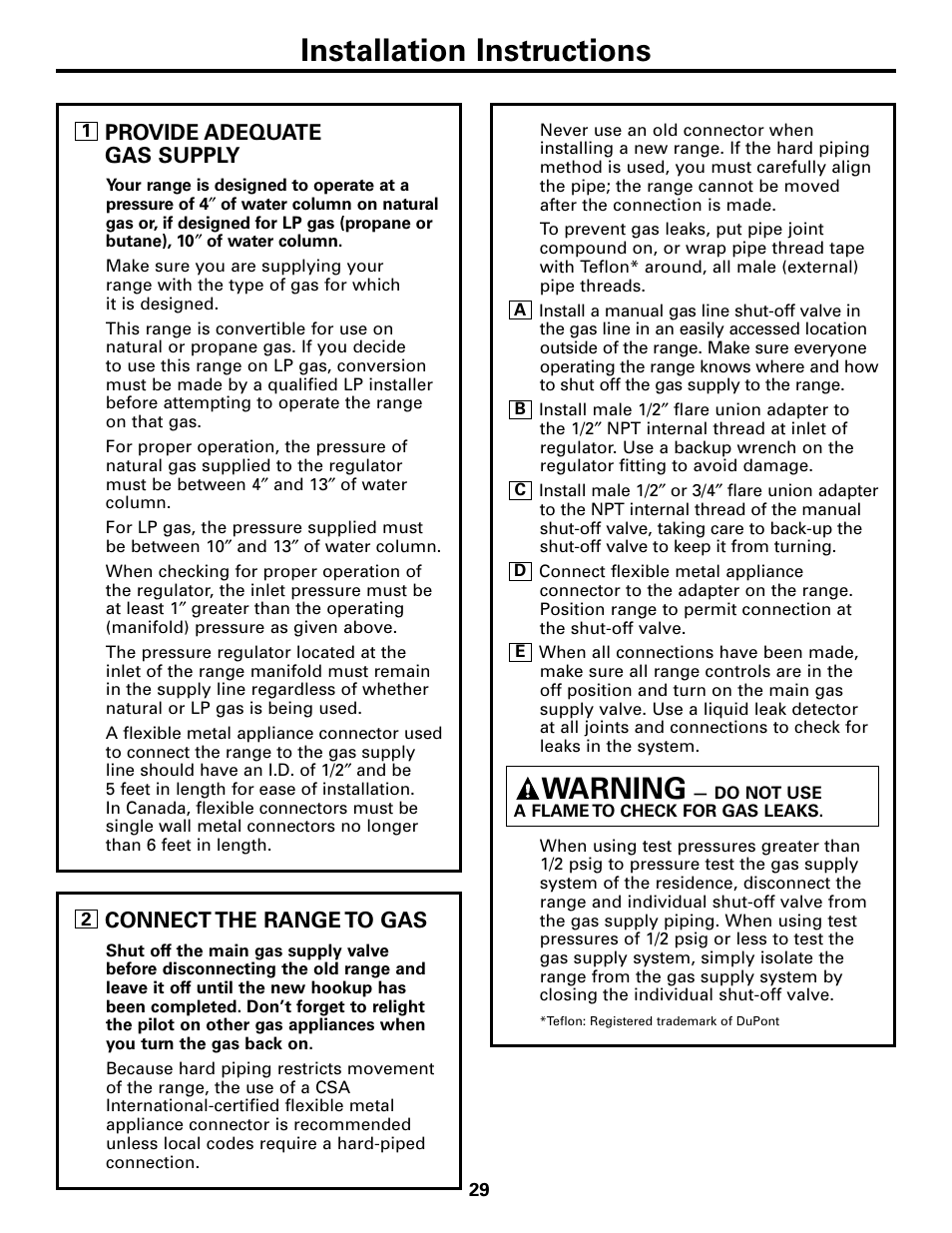 Connect the range to gas, Connect the range to gas –32, Installation instructions | Warning, Provide adequate gas supply | GE 183D5580P236 User Manual | Page 29 / 48