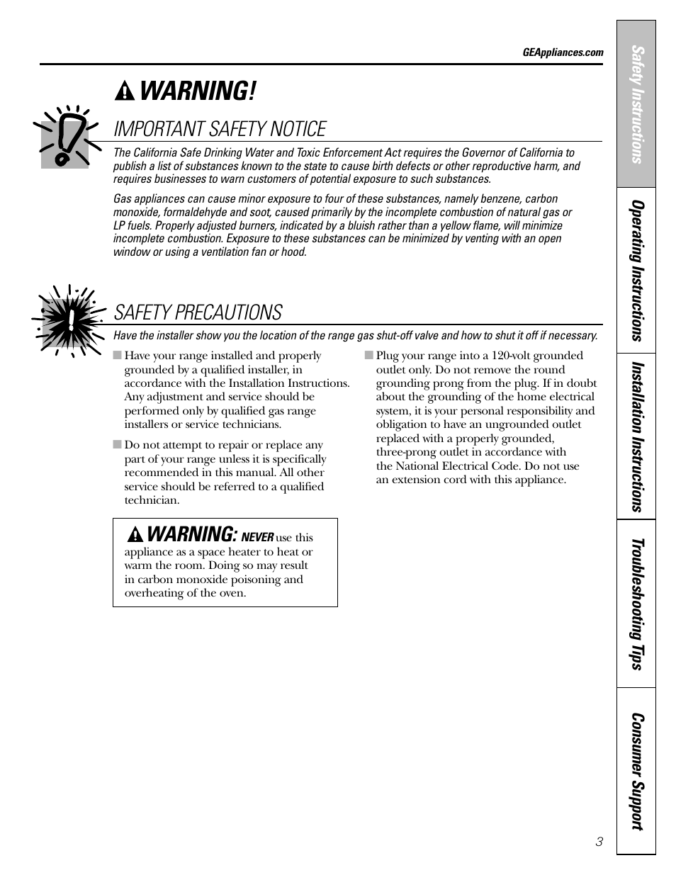 Warning, Safety precautions important safety notice | GE 183D5580P236 User Manual | Page 3 / 48