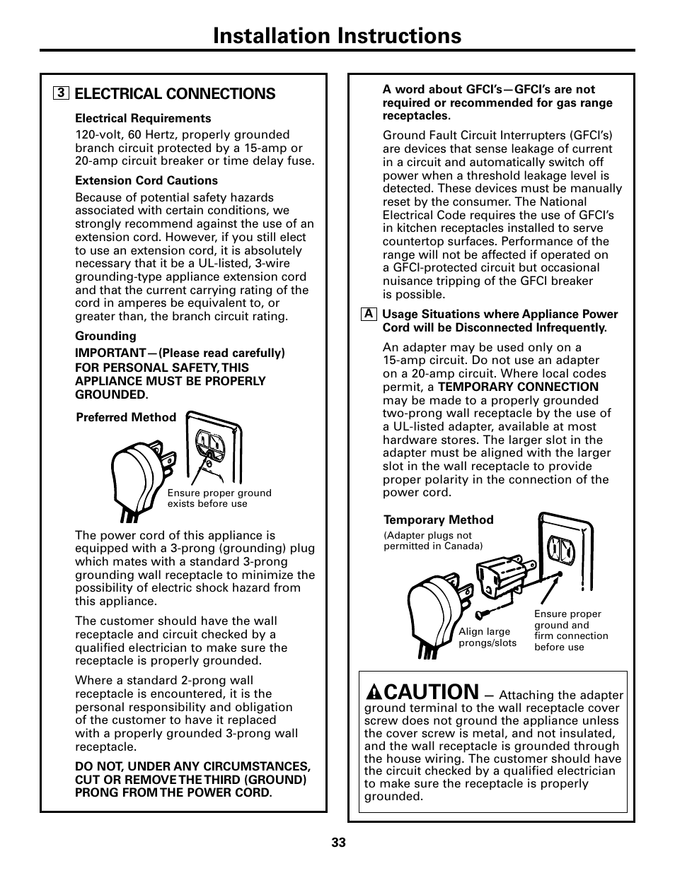 Electrical connections, Electrical connections , 34, Installation instructions | Caution | GE 183D5580P236 User Manual | Page 33 / 48