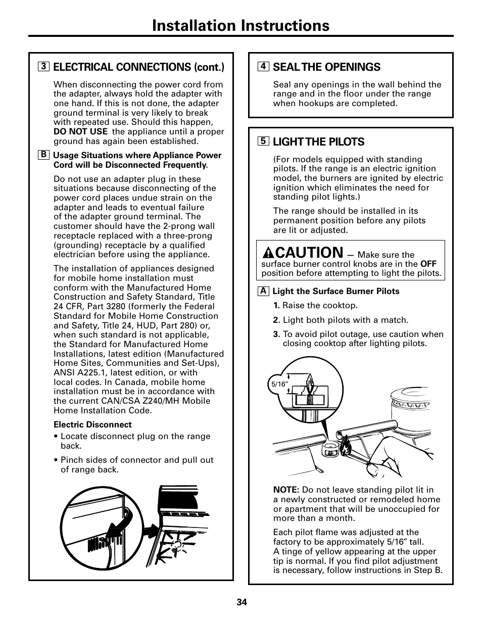 Light the pilots, Light the pilots –37, Installation instructions | Caution | GE 183D5580P236 User Manual | Page 34 / 48