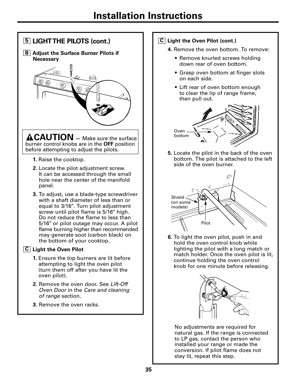 Installation instructions, Caution, Light the pilots (cont.) | GE 183D5580P236 User Manual | Page 35 / 48