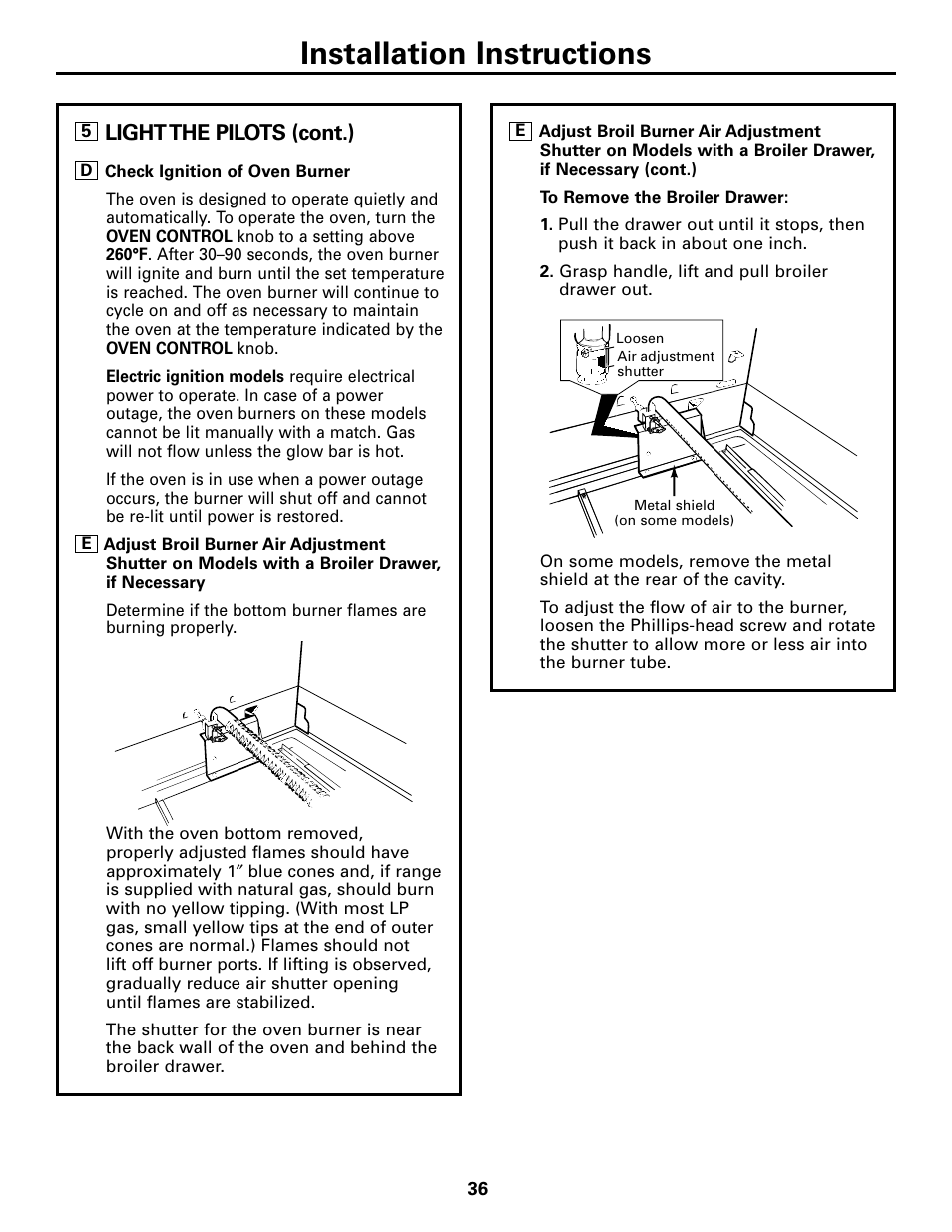 Installation instructions, Light the pilots (cont.) | GE 183D5580P236 User Manual | Page 36 / 48