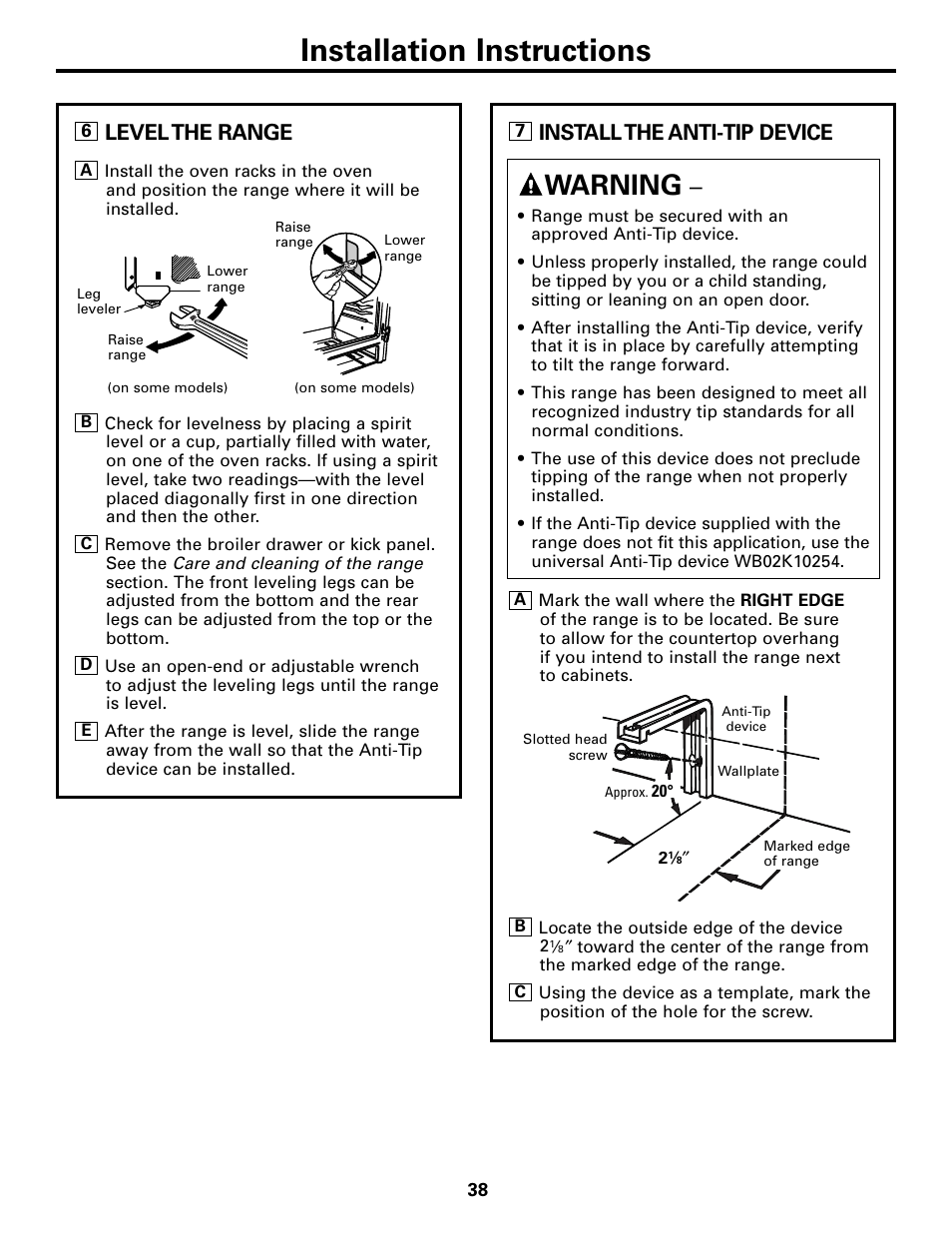 Level the range, Installation instructions, Warning | Install the anti-tip device | GE 183D5580P236 User Manual | Page 38 / 48