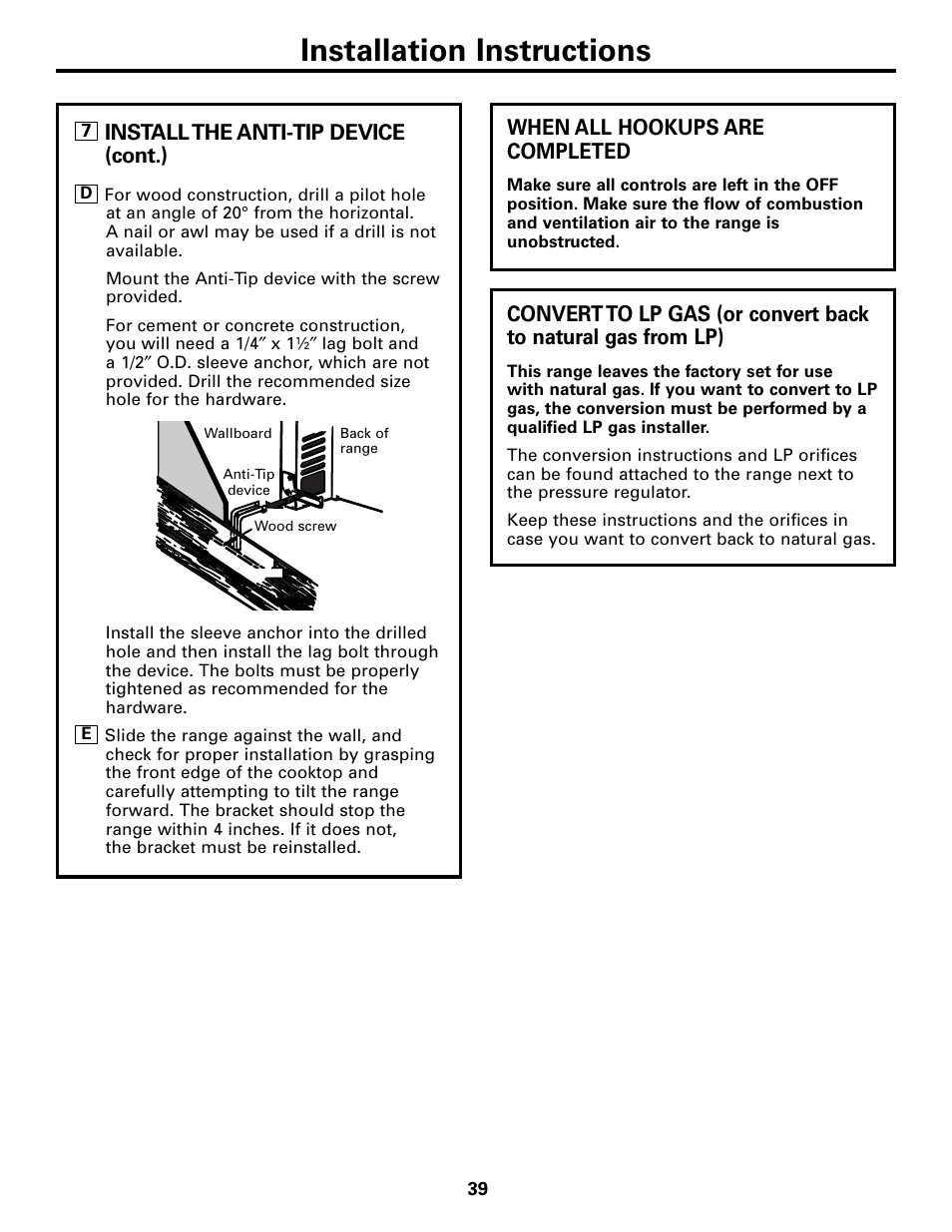 Convert to lp gas, Installation instructions, When all hookups are completed | Install the anti-tip device (cont.) | GE 183D5580P236 User Manual | Page 39 / 48