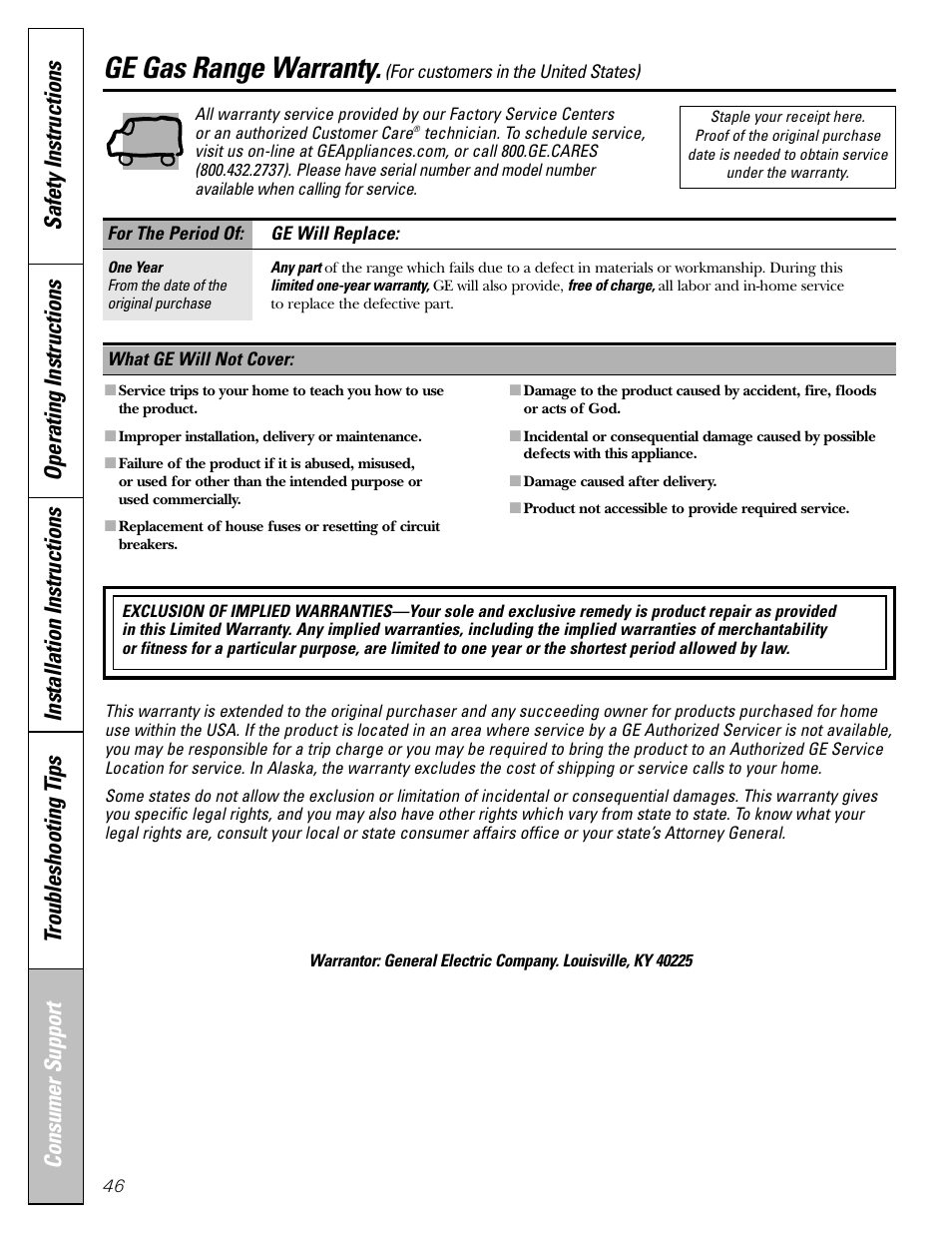 Warranty for customers in the u.s.a, Ge gas range warranty | GE 183D5580P236 User Manual | Page 46 / 48