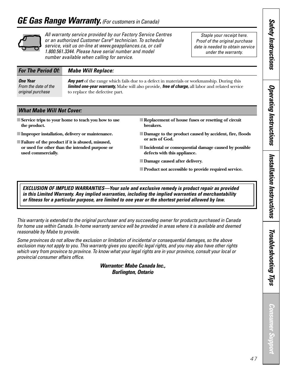 Warranty for customers in canada, Ge gas range warranty | GE 183D5580P236 User Manual | Page 47 / 48