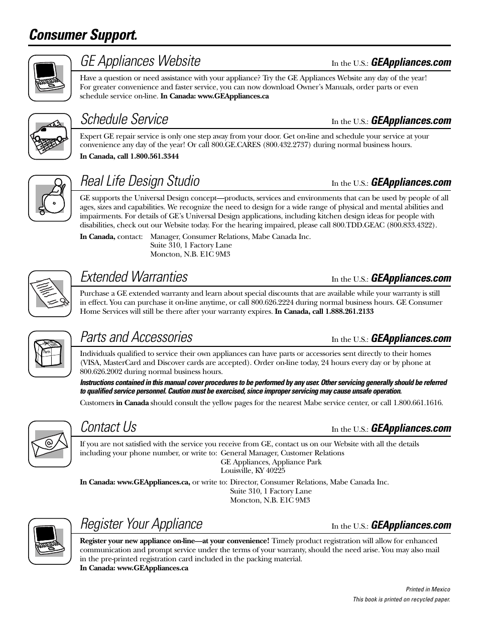 Consumersupport, Consumer support . . . . . . . . . .back cover, Consumer support. ge appliances website | Schedule service, Real life design studio, Extended warranties, Parts and accessories, Contact us, Register your appliance | GE 183D5580P236 User Manual | Page 48 / 48