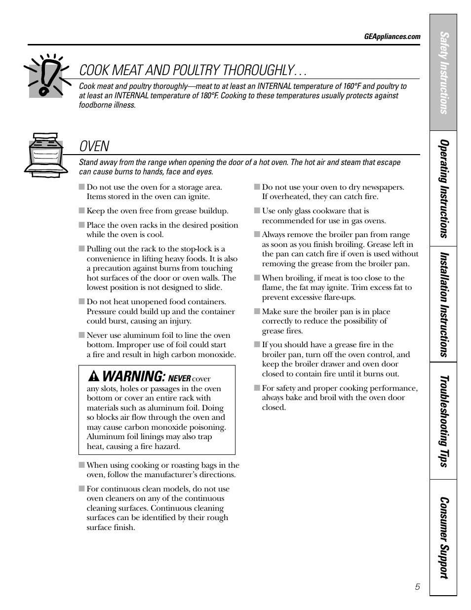 Oven cook meat and poultry thoroughly, Warning | GE 183D5580P236 User Manual | Page 5 / 48