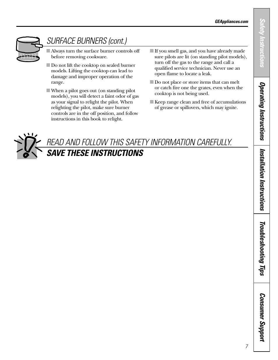 Surface burners (cont.) | GE 183D5580P236 User Manual | Page 7 / 48