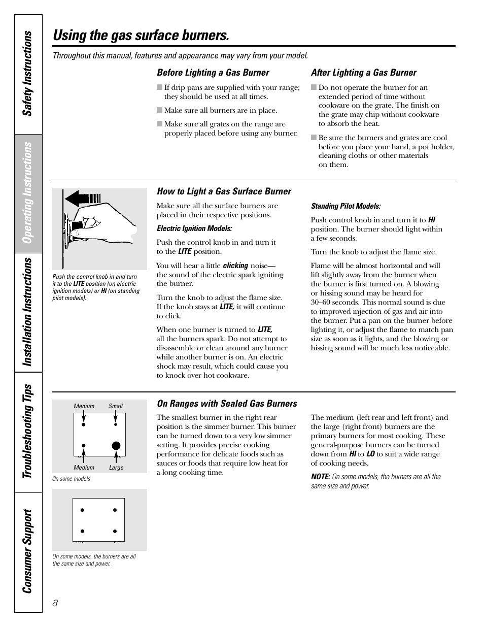 Surface cooking, Surface cooking , 9, Using the gas surface burners | GE 183D5580P236 User Manual | Page 8 / 48