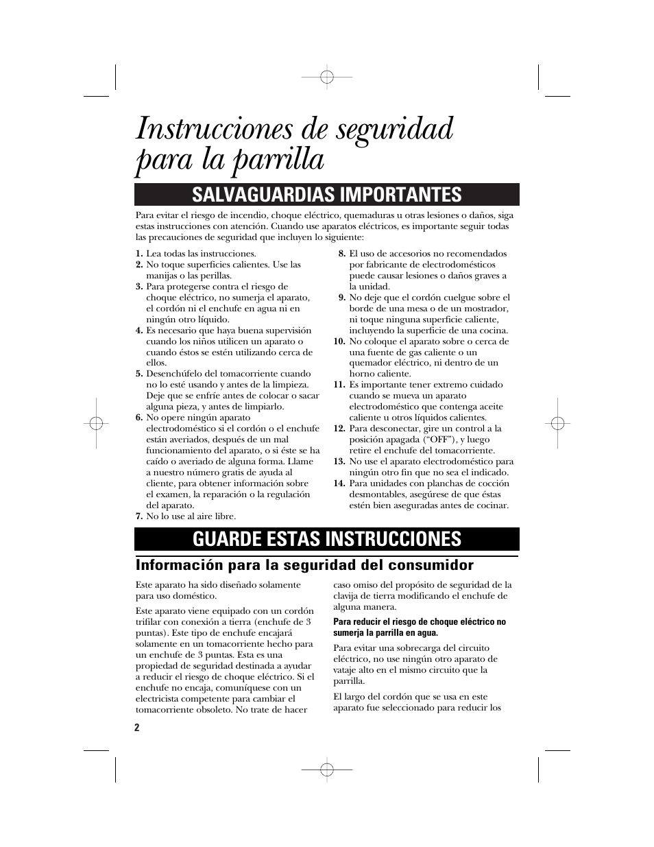 Instrucciones de seguridad para la parrilla, Información para la seguridad del consumidor | GE 106642 User Manual | Page 10 / 16